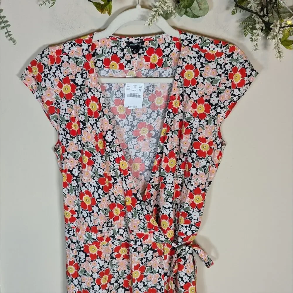J. Crew Mercantile Floral Midi Wrap Short Sleeve Dress Viscose Red Pink